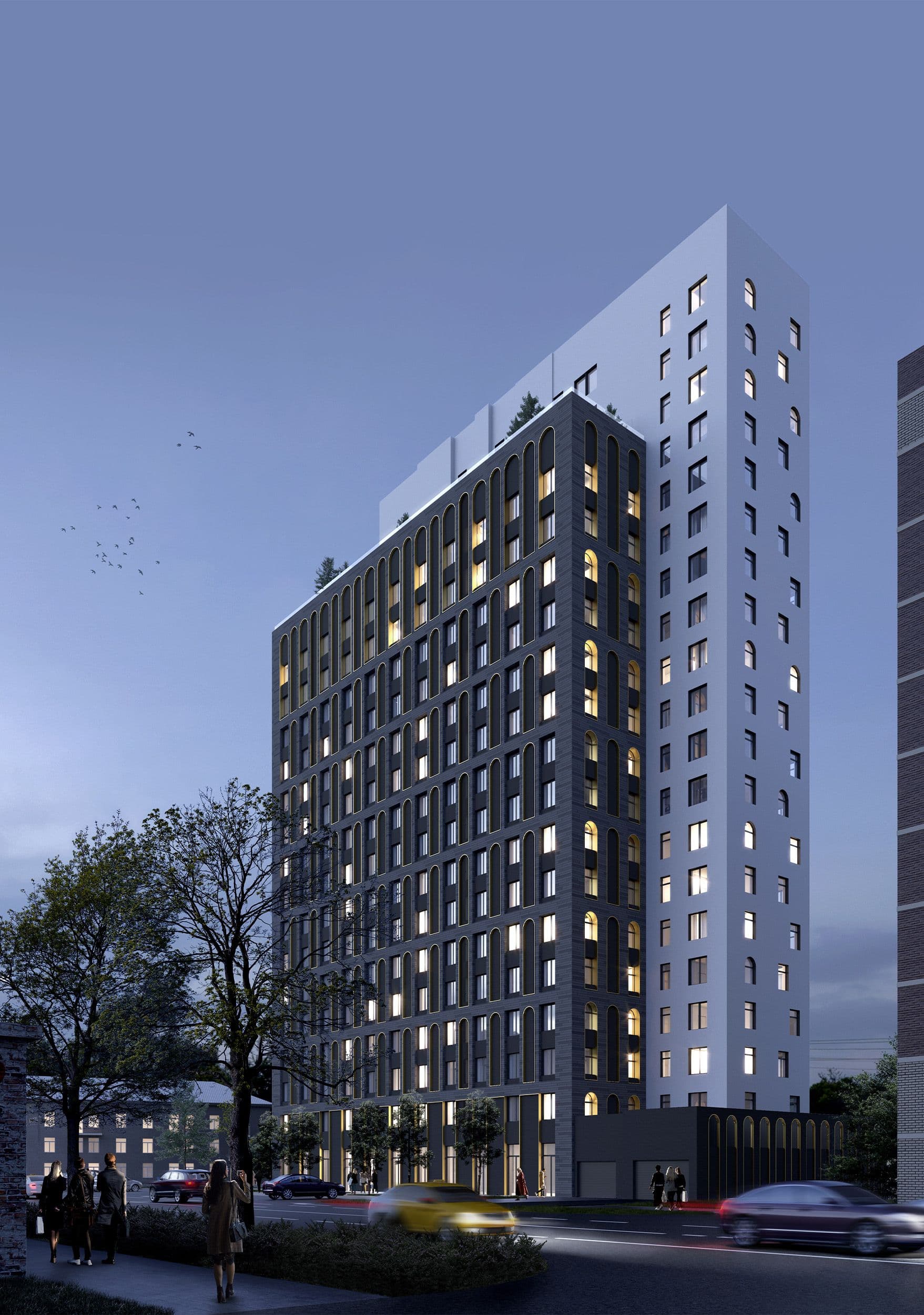 A modern apartment building, with an emphasis on duality in architecture, with contrasting white and black panels, set within a streetscape featuring trees, parked and passing cars, and pedestrian activity.